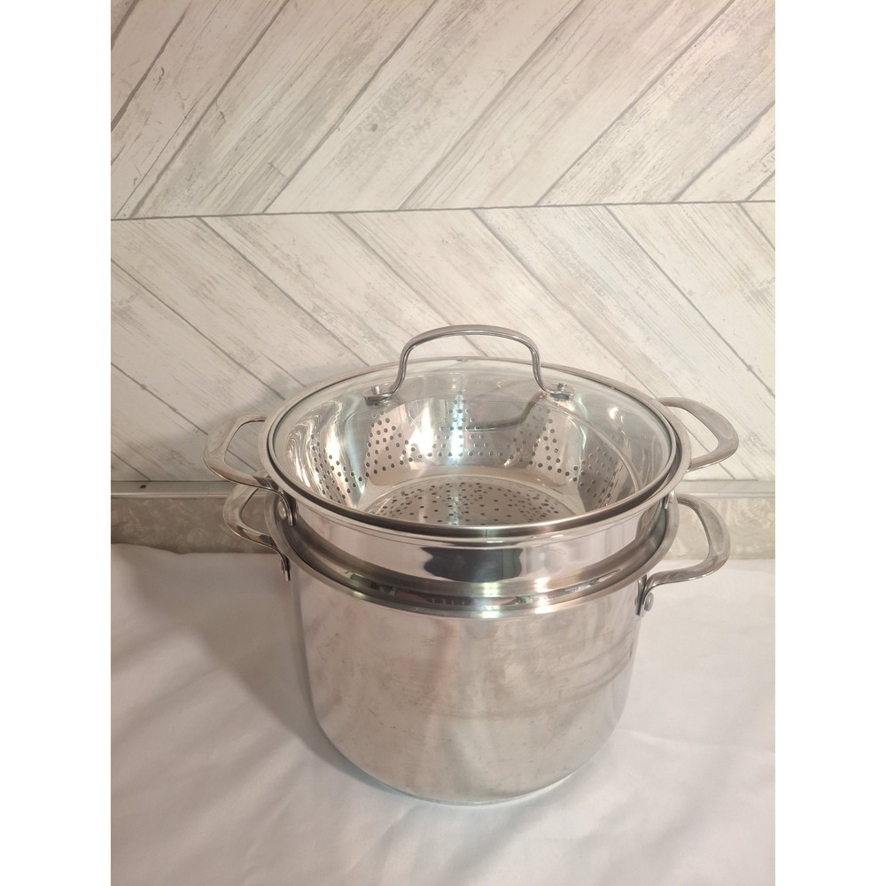 Goodful 8 Quart Big Stockpot 3 Piece Steamer Strainer Colander Steel W Glass Lid - Picture 2 of 8